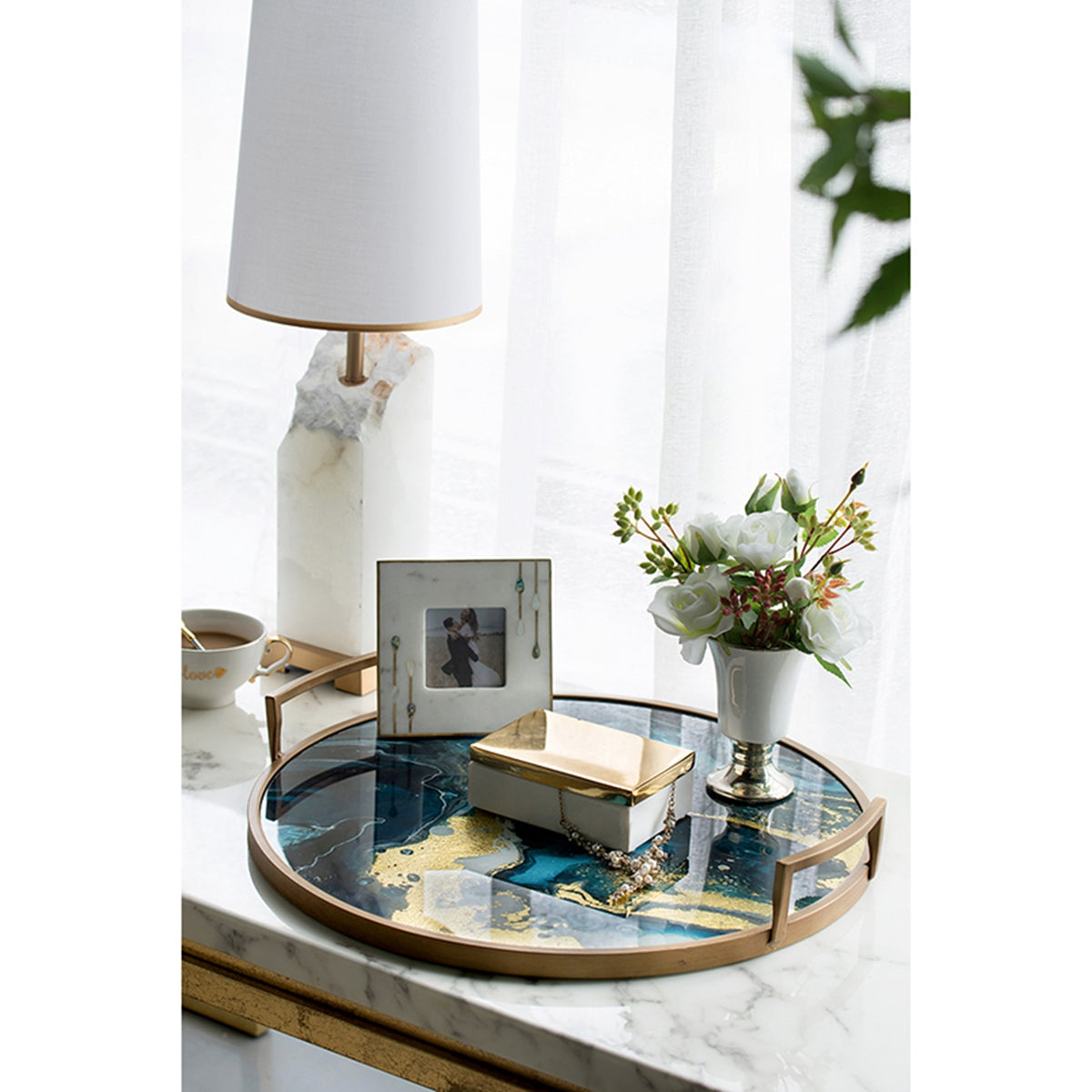 20.9x20.1x3.1" Round Accent Mirrored Tray with Handles