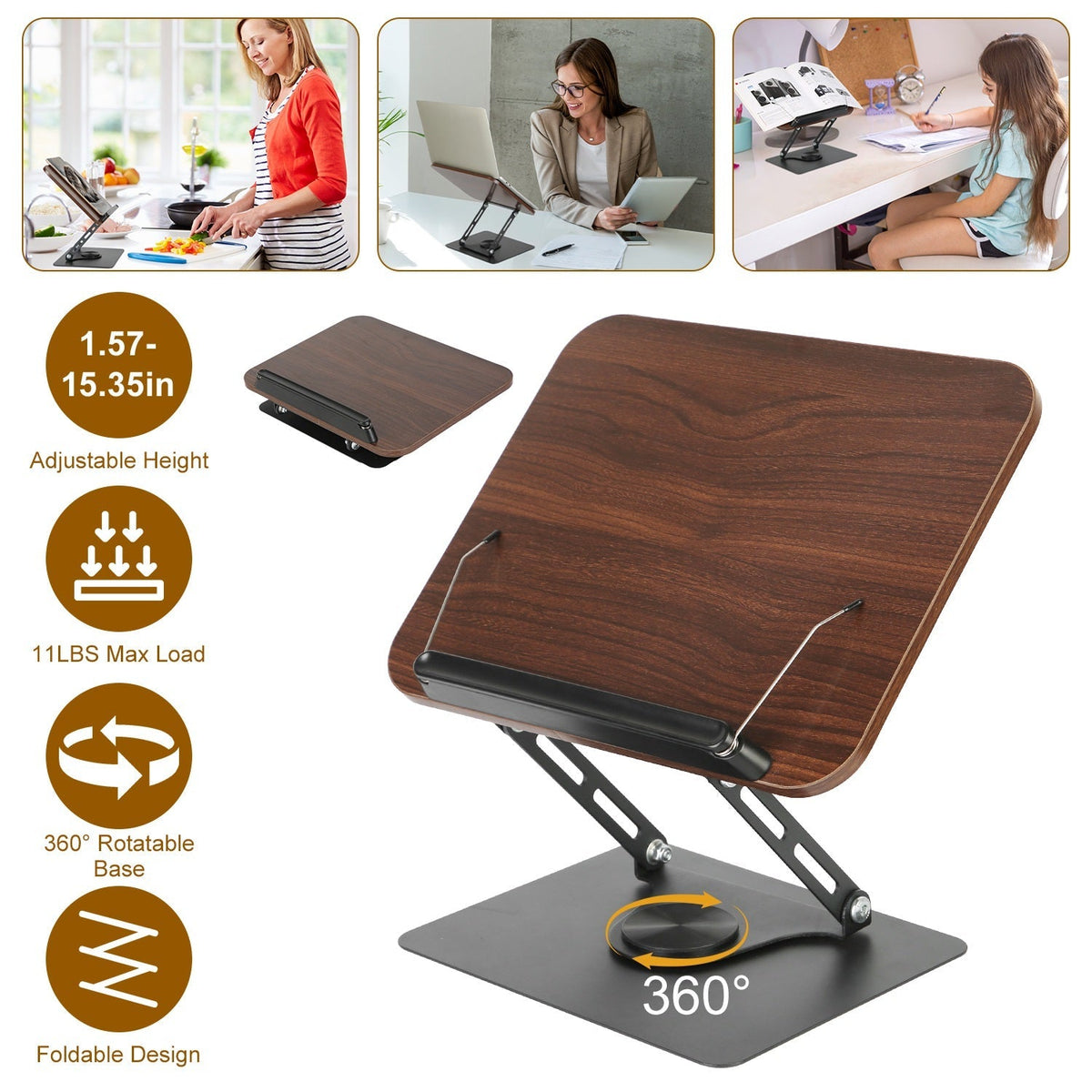 Book Stand for Reading Foldable Wood Book Holder Reading Rack Paper Stand with Adjustable Height 360¡ Rotatable Base Dual Paper Clips for Book Sheet M
