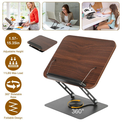 Book Stand for Reading Foldable Wood Book Holder Reading Rack Paper Stand with Adjustable Height 360¡ Rotatable Base Dual Paper Clips for Book Sheet M