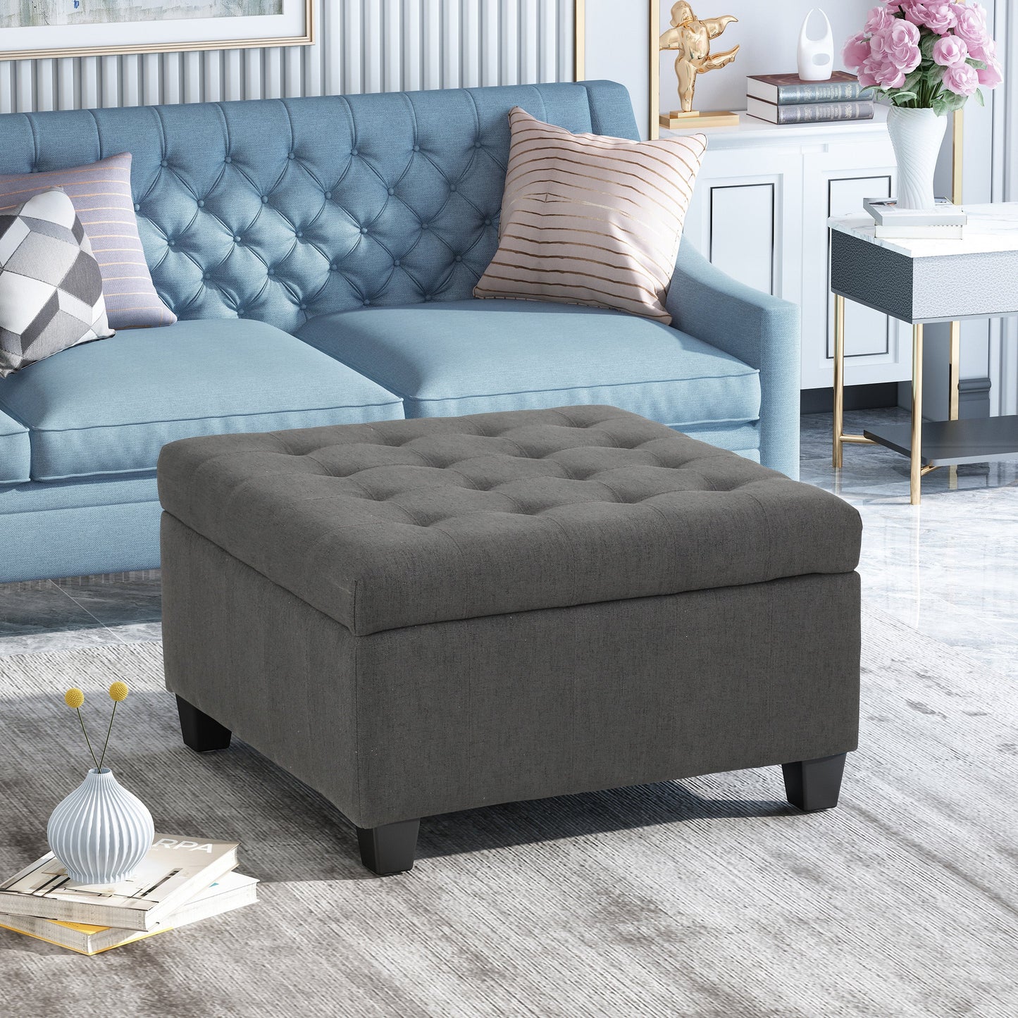 Upholstered Tufted Fabric Storage Ottoman