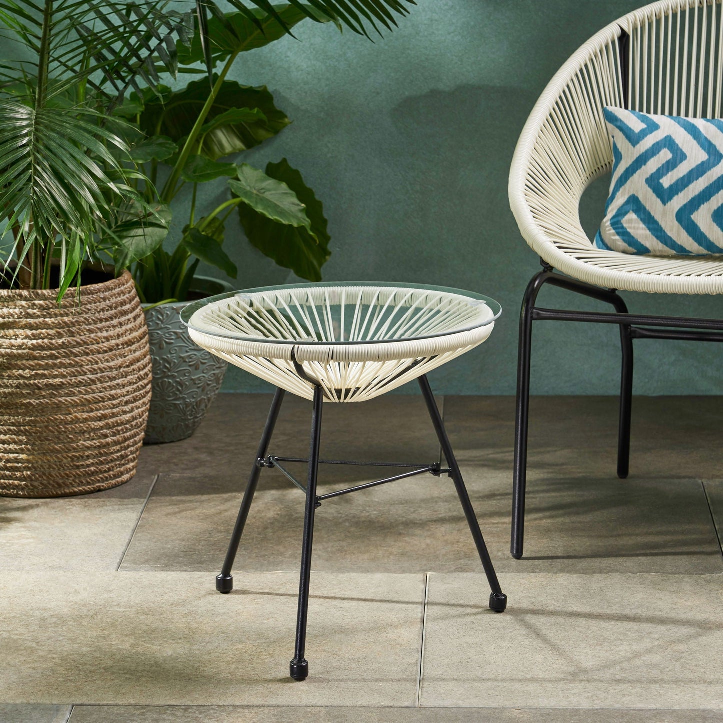 Nusa Modern Rattan Side Table With Tempered Glass Top