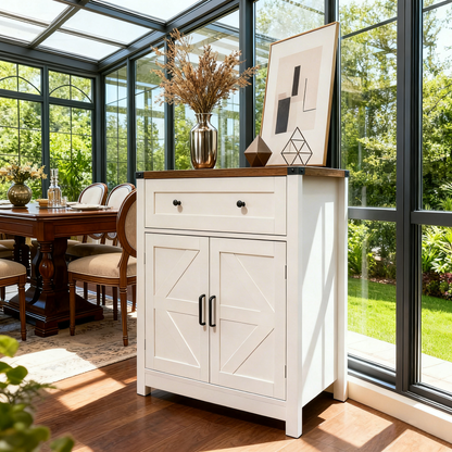 White & Wood-Grain Top Farmhouse Barn-Door Storage Cabinet