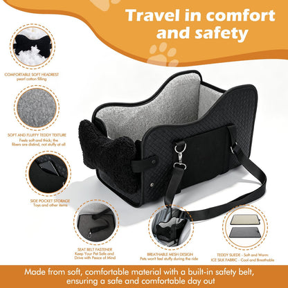 Center Console Dog Car Seat For Small Dogs, Dog Booster Seat To 15lbs Portable Puppy Car Seat With Adjustable Straps, Storage Pocket, Anti-Collapse, Washable Reversible Seat Cushion Black