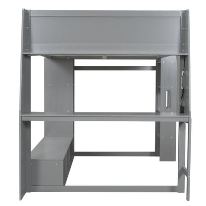 Gaming Loft Bed With Desk, Multi Storage Shelves, LED Lighting, And Hanging Clothes Rack