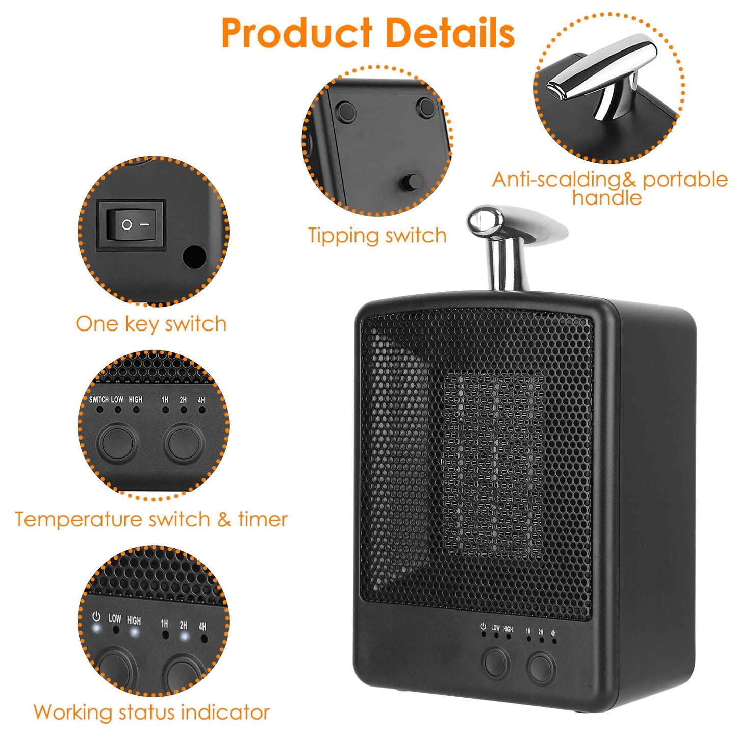 1000W Portable Electric Space Heater Personal Fan with Tip Over Overheat Protection Adjustable Temperature Timer Ceramic Heater for Bedroom Office Des