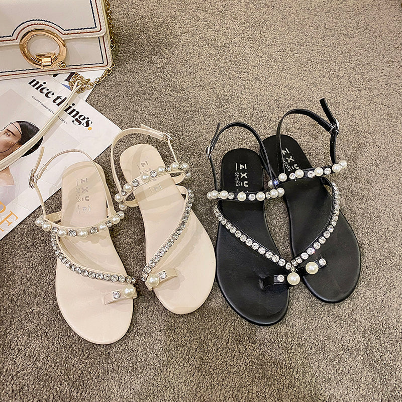2026 Spring Summer New Rhinestone Pearl Toe Loop Roman Flat Sandals For Women, Plus Size Gentle Fairy Style Unique Ladies Shoes