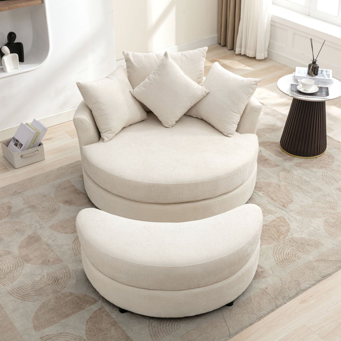 360° Swivel Accent Barrel Chair With Storage Ottoman & 4 Pillows, Modern Leisure Chair Round Accent For Living Room