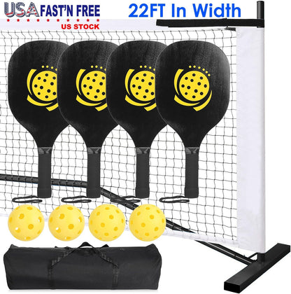 Portable Pickleball Net Set 22ft Regulation Size Net Pickle Ball Net System with 4 Pickleballs 4 Paddles Carrying Bag for Driveway Backyard