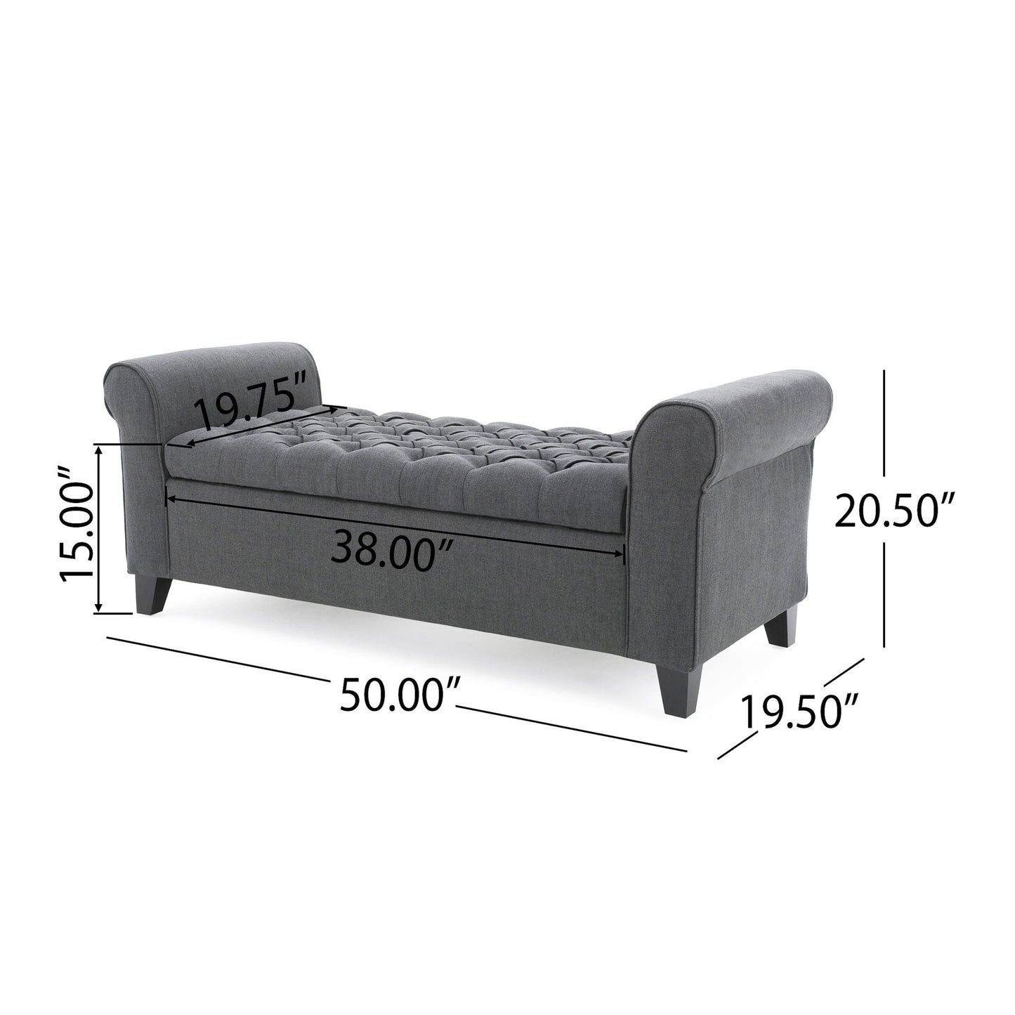 Hayes Contemporary Armed Storage Bench with Rolled Arms and Button Tufting