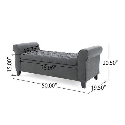 Hayes Contemporary Armed Storage Bench with Rolled Arms and Button Tufting