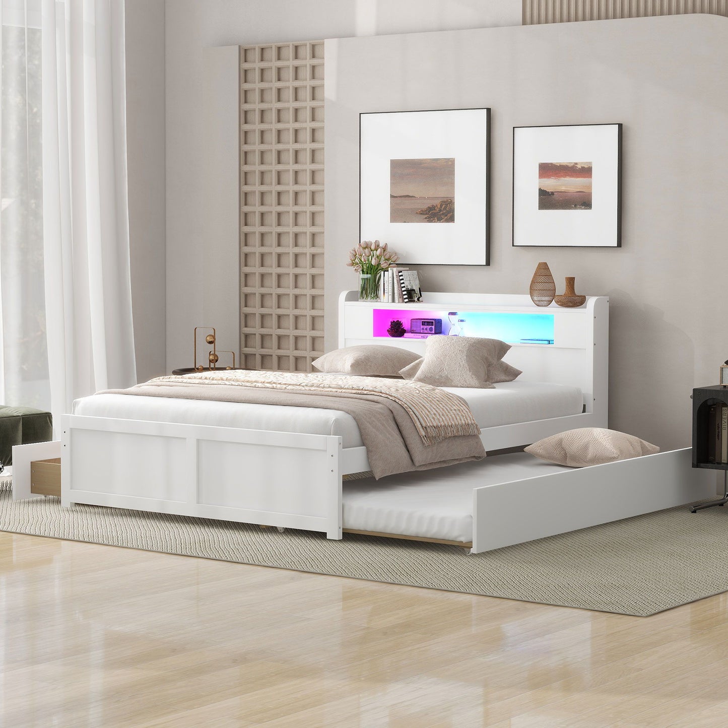 Storage Platform Bed With LED Lights, 2 Drawers And Trundle