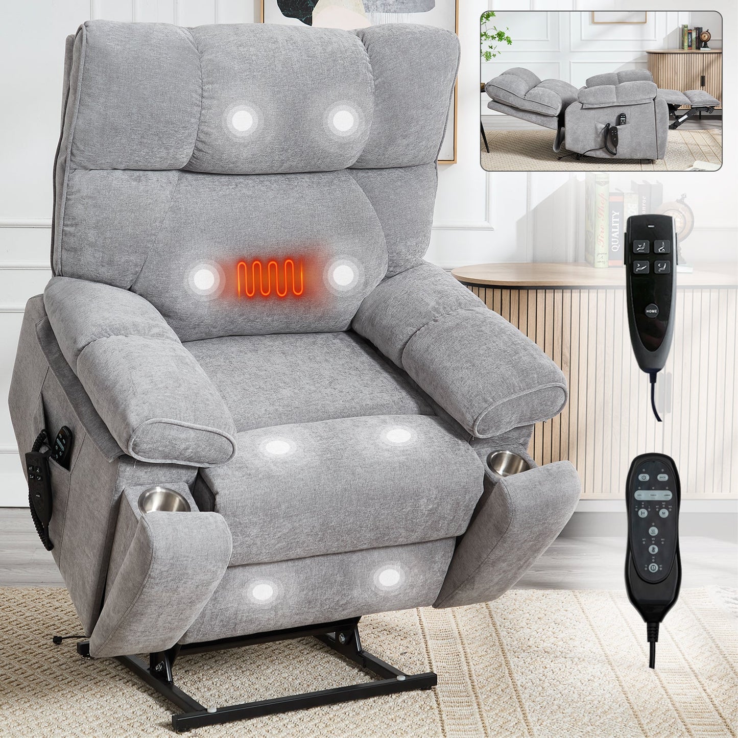 Grey Heat Massage Dual Motor Electric Power Lift Recliner
