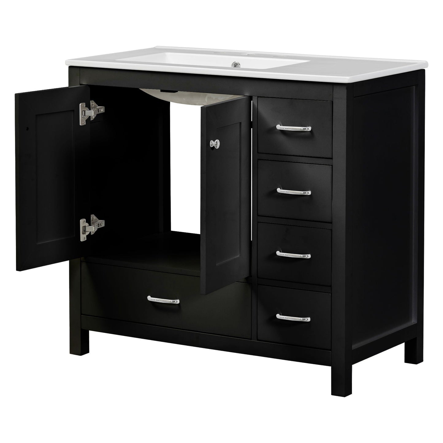 Bathroom Vanity With Ceramic Sink Combo, Abundant Storage Cabinet 2 Soft Close Doors And 5 Drawers