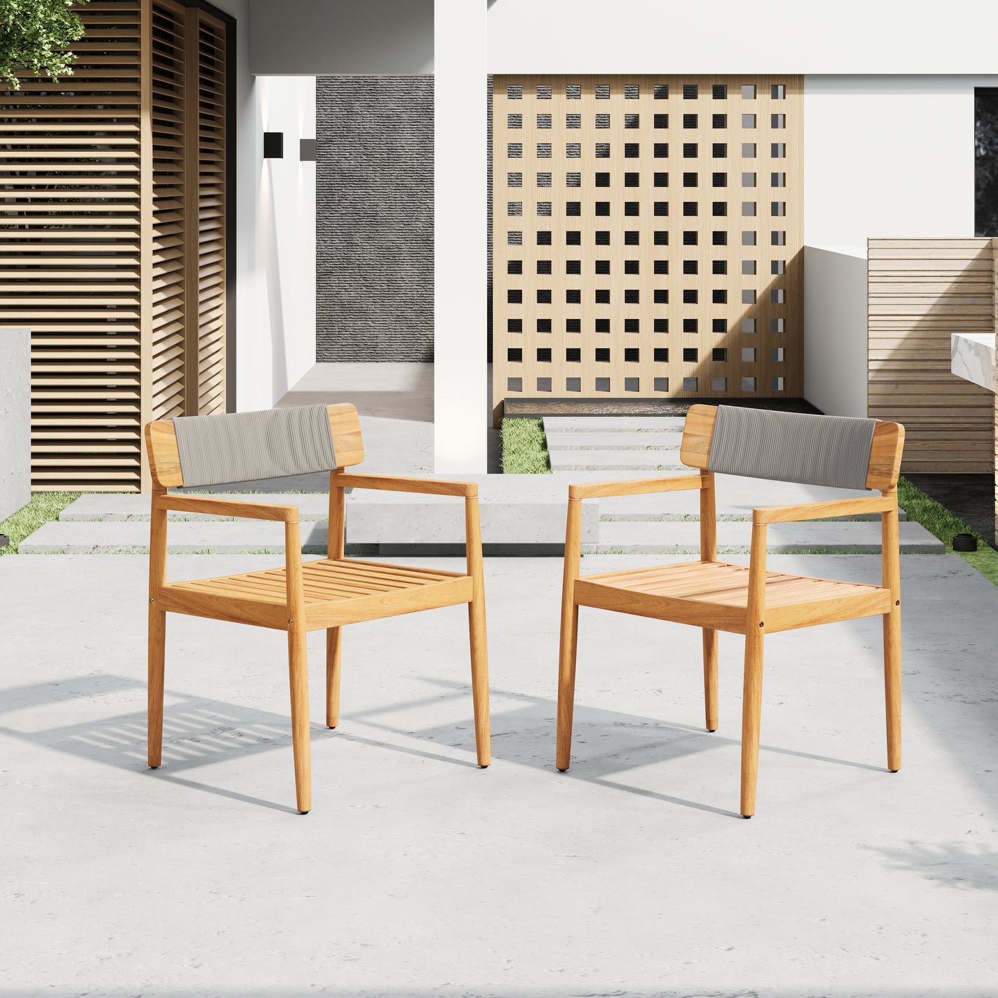 Creative Braided Acacia Wood Outdoor Dining Chairs with Armrests