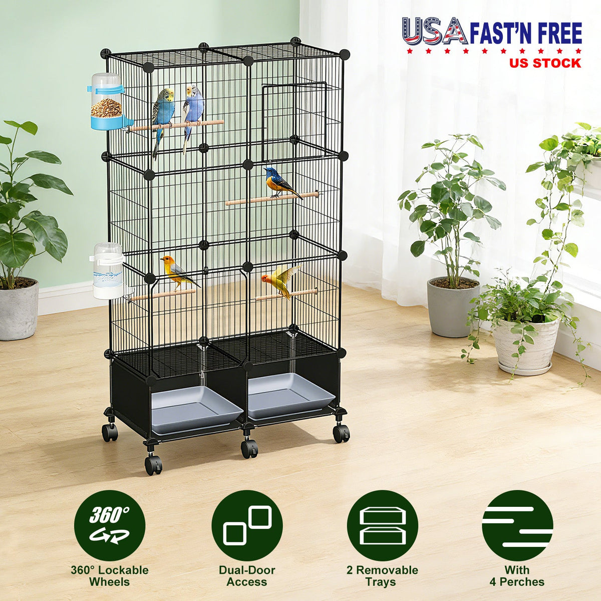 46-Inch Bird Cage with Wooden Perches and Rolling Wheels