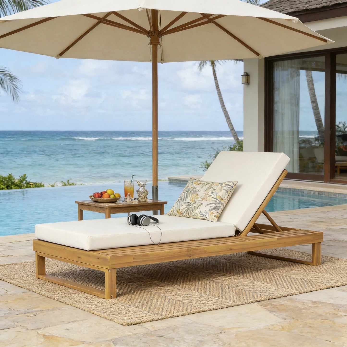 Teak Finish Acacia Wood Chaise Lounge with 4-Inch Cushion