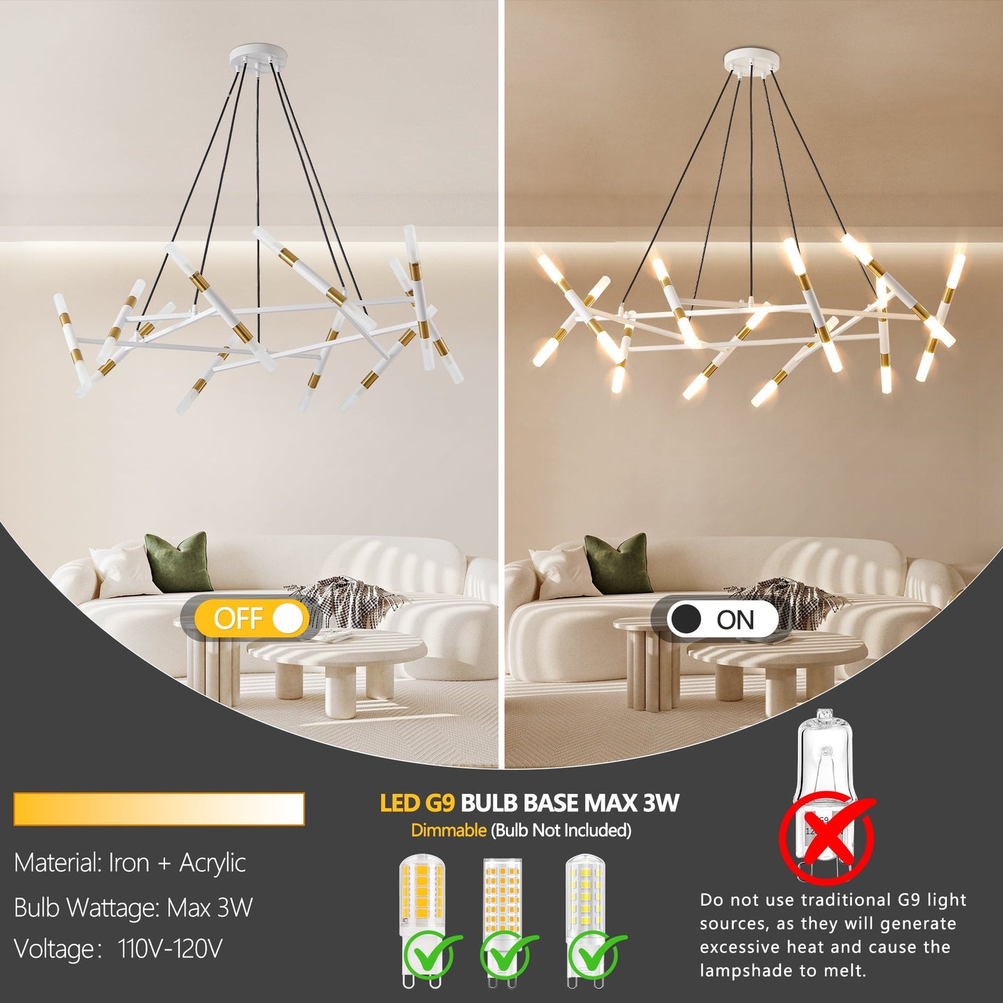 41" White & Golden Modern Chandelier Light Fixture