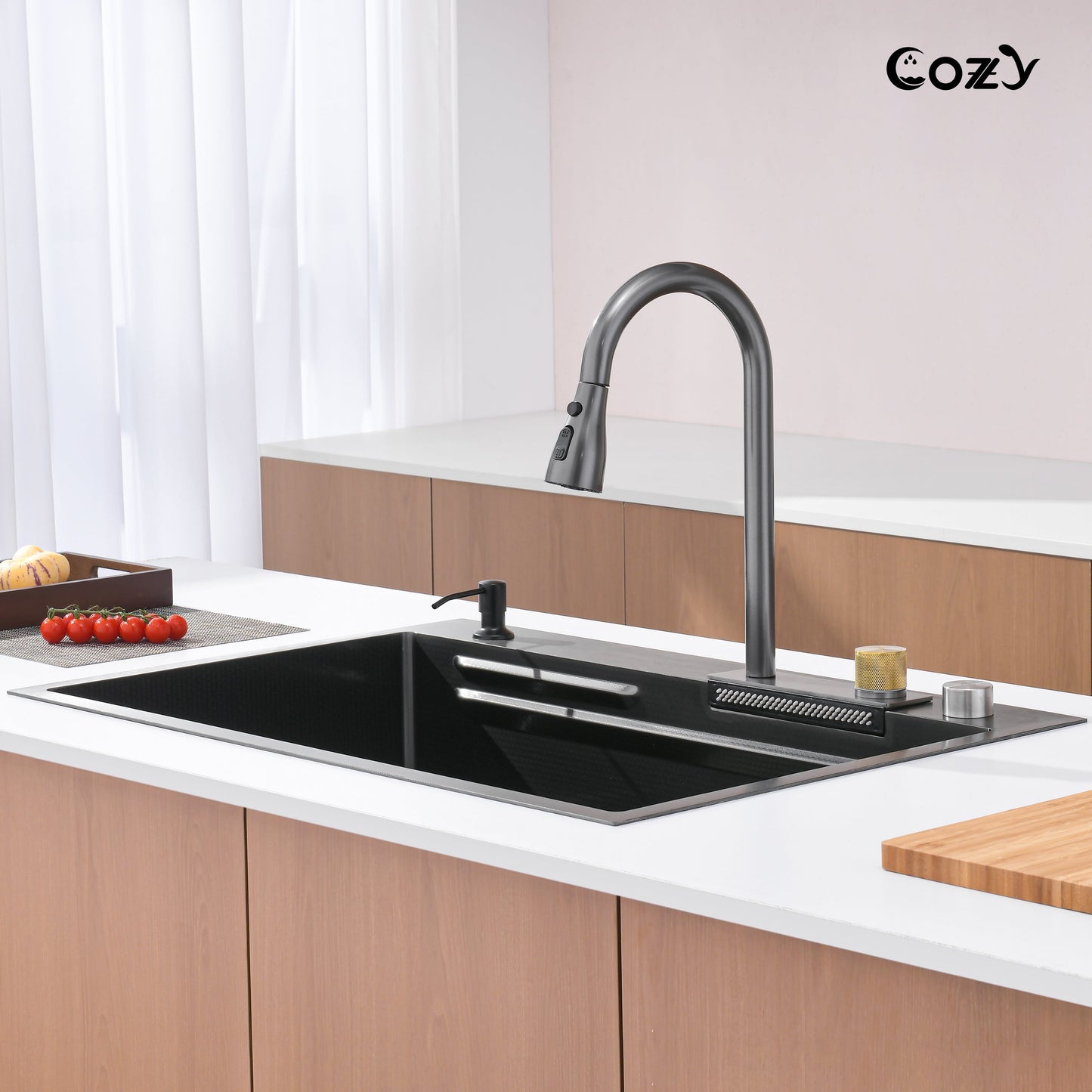 Waterfall Kitchen Sink, Stainless Steel Single Bowl