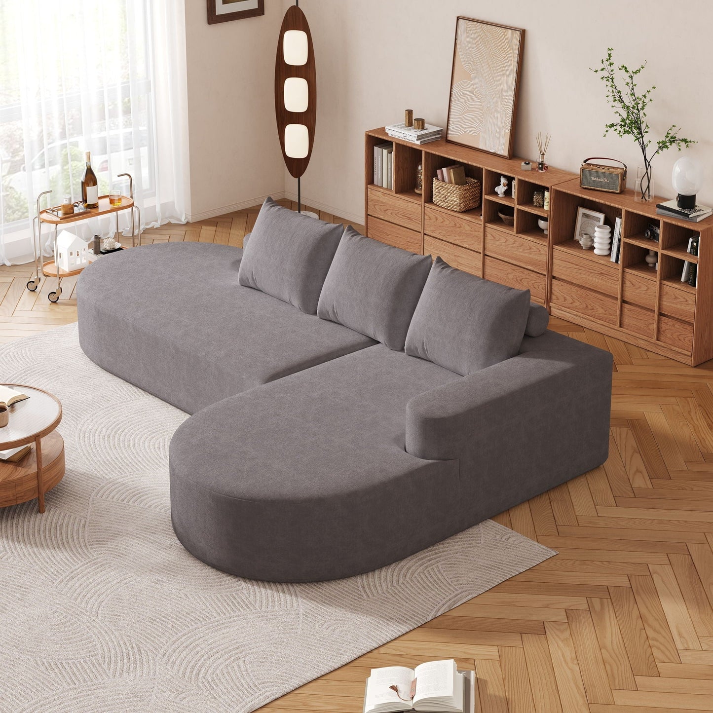 Modern Curved Sofa, L-Shaped Modular Sectional Set With 3 Pillows