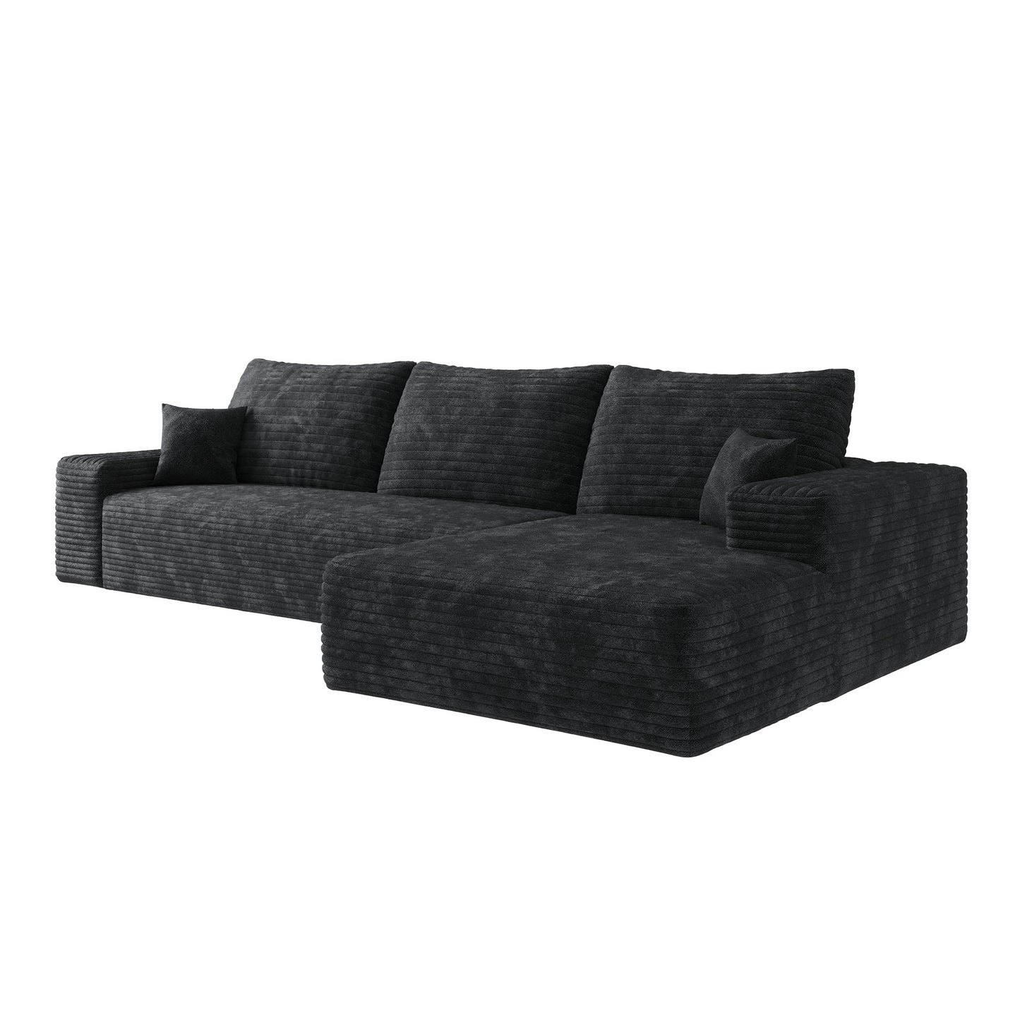 107" Cloud Sectional Couch with L-Shape Chaise, Black Plush Corduroy