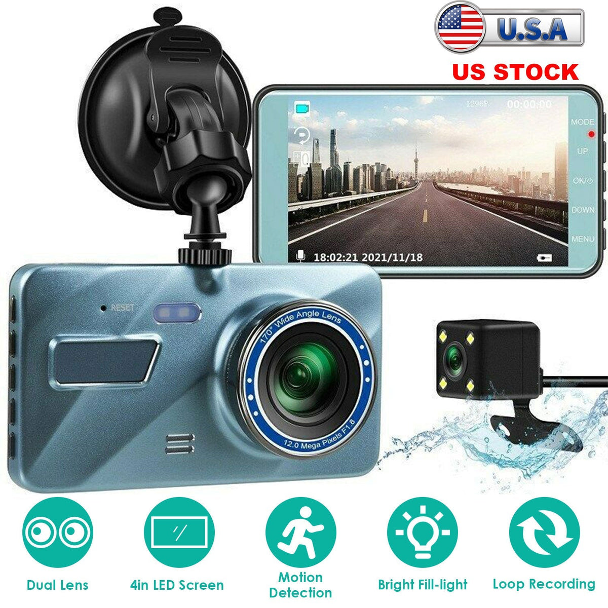 720P Dual Dash Cam Car Camera Recorder Looping Recording Car DVR Driving Vehicle Recorder with Motion Detection Light