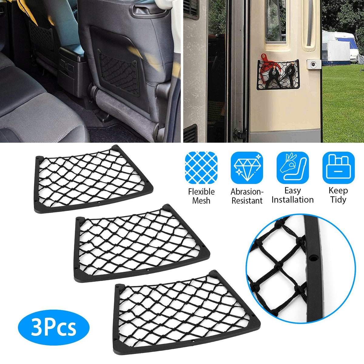 3Pcs Mesh Pockets Seat Side Back Wallet Phone Storage Net Bag Framed Stretch Car Bus Organizer Holder For Auto RV SUV Boat