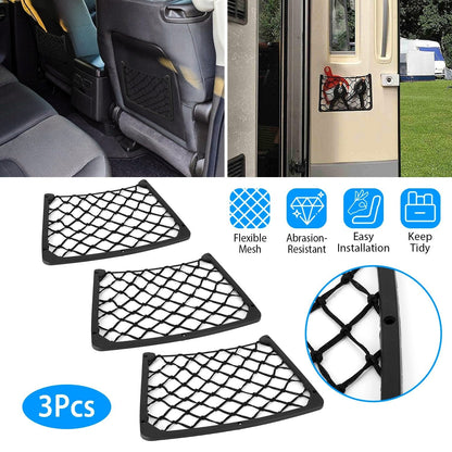 3Pcs Mesh Pockets Seat Side Back Wallet Phone Storage Net Bag Framed Stretch Car Bus Organizer Holder For Auto RV SUV Boat