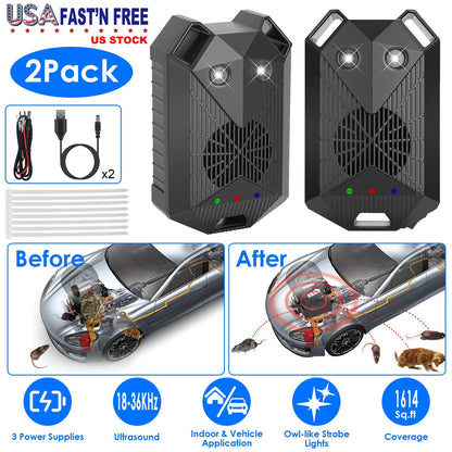 2 Pack Under Hood Ultrasonic Rodent Repeller Rodent Control Deterrent Chaser Blocker for Vehicle Indoor with Strobe Light 3 Power Supplies