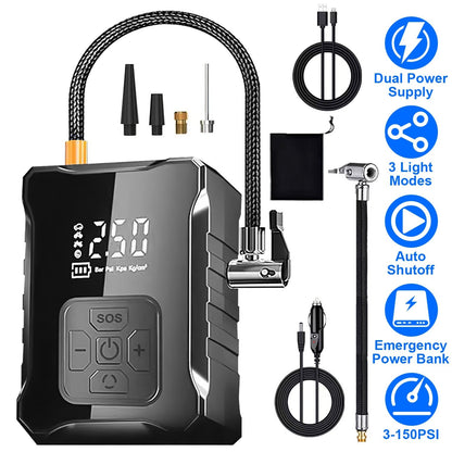 150PSI Cordless Tire Inflator with Car Charger Digital Air Compressor with LED Light Emergency Power Bank for Cars Motorcycles Bicycles Balls
