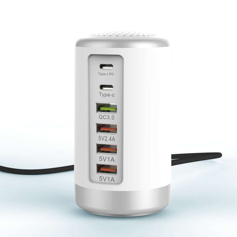 6-Port Cylindrical Fast Charger Hub | 65W USB-C PD & QC3.0 Multi-Device Desktop Charging Station – White