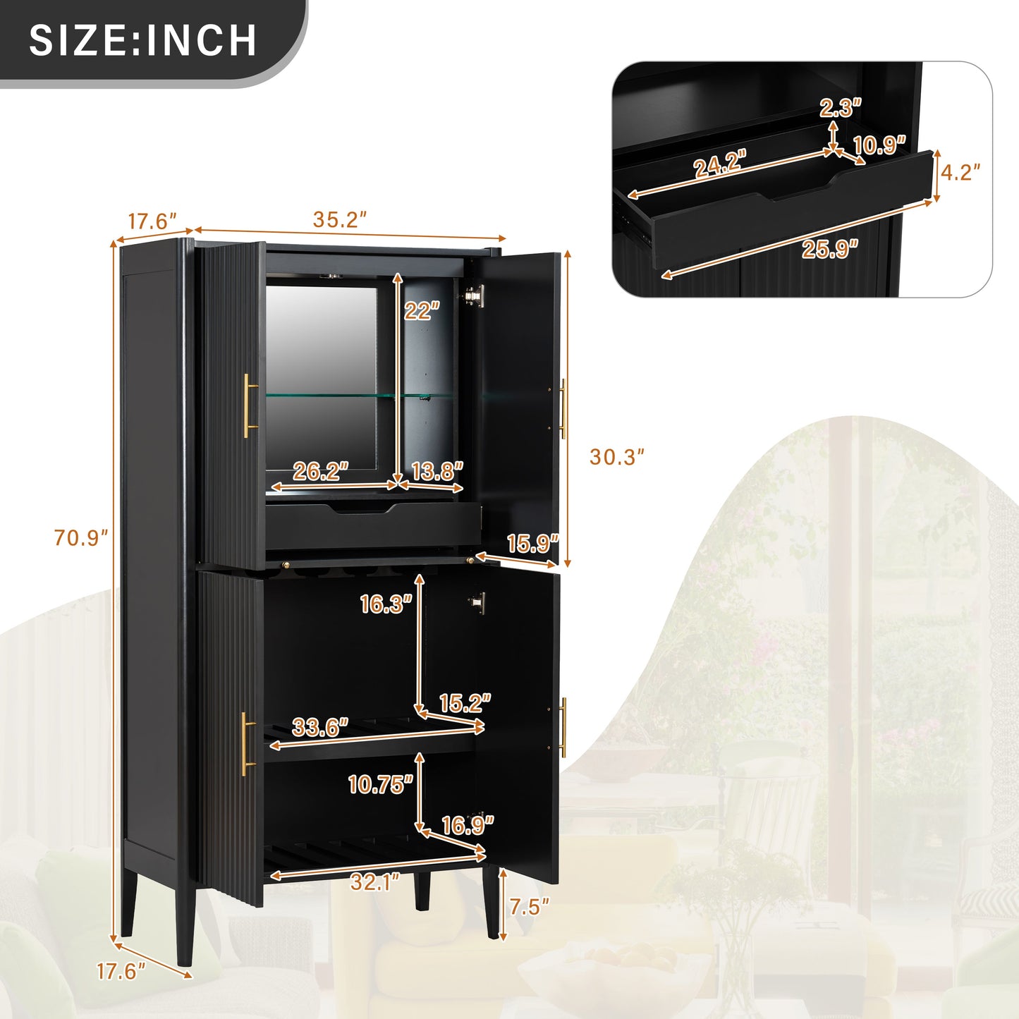 U_STYLE Modern Fluted Wine Cabinet with Glass Display & Stemware Rack