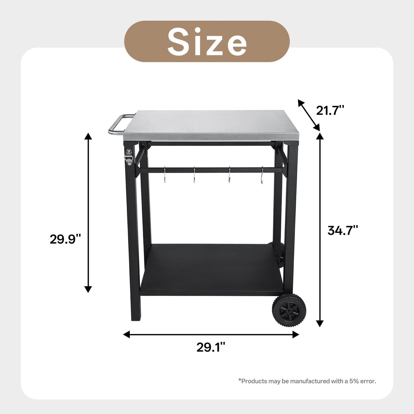 2-Tier Outdoor Grill Cart with Stainless Steel Top, Large Wheels & Tool Hooks