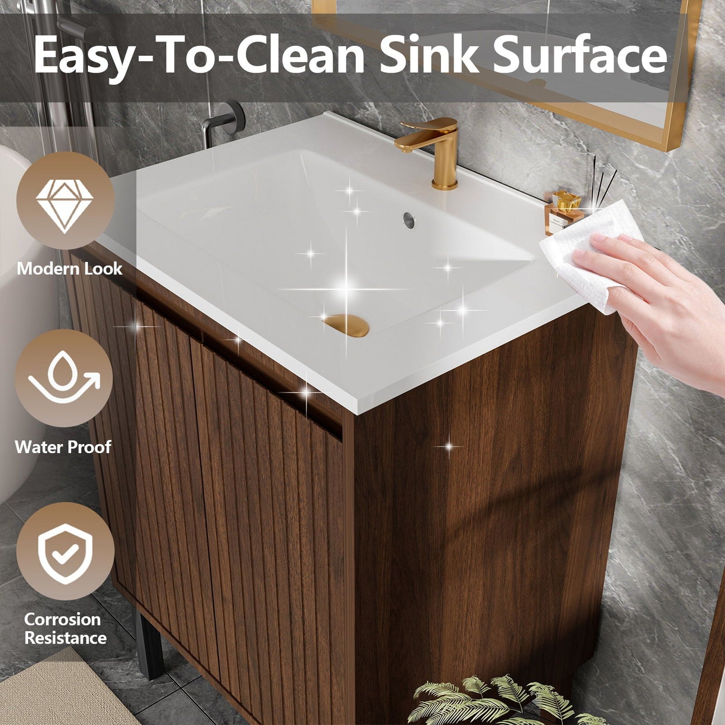 Bathroom Vanity With Ceramic Sink, Floor-Standing Design, Soft-Closing Drawers