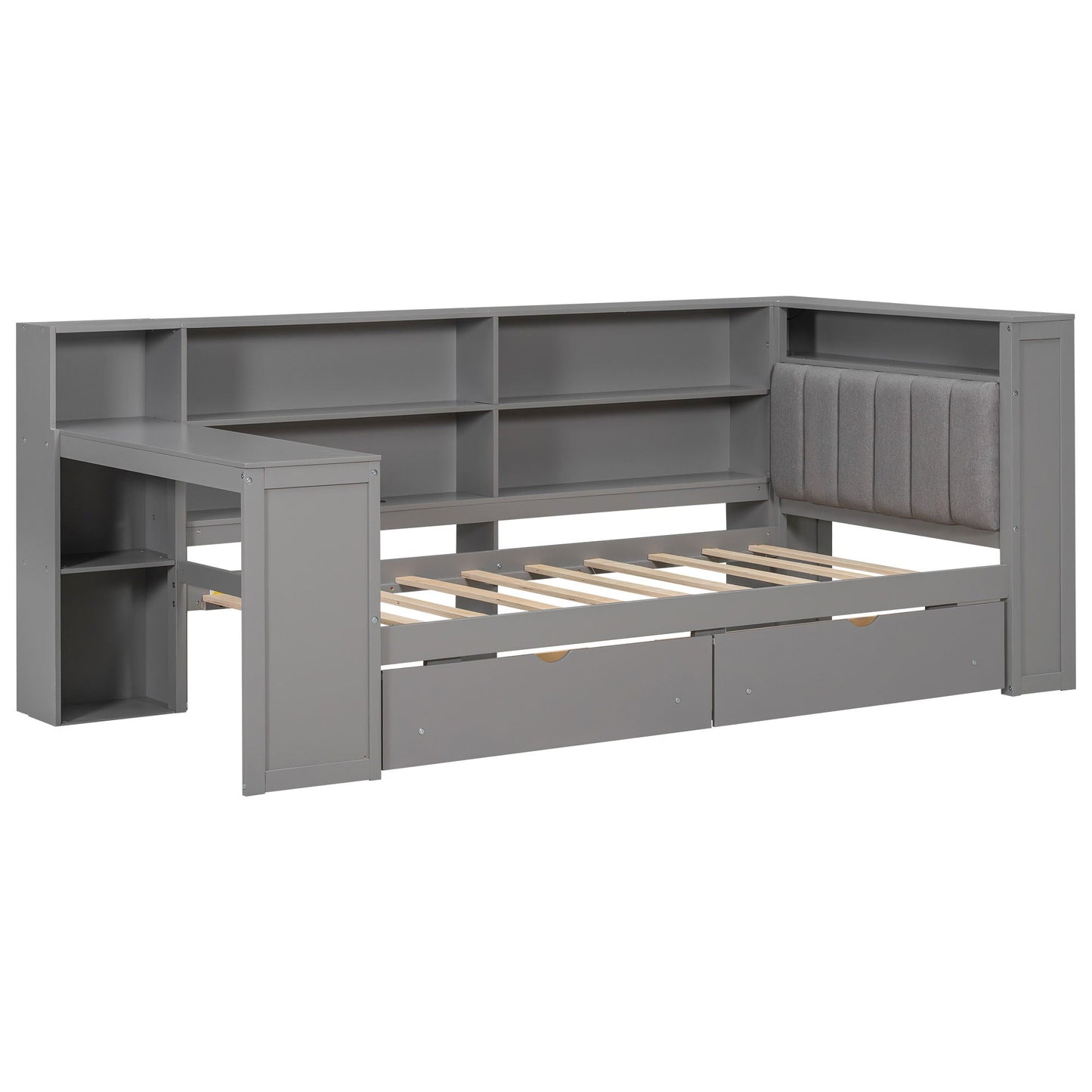 Platform Bed With Upholstered Headboard, Storage Shelves, Drawers, Charging Station, LED Lighting, Built In Desk