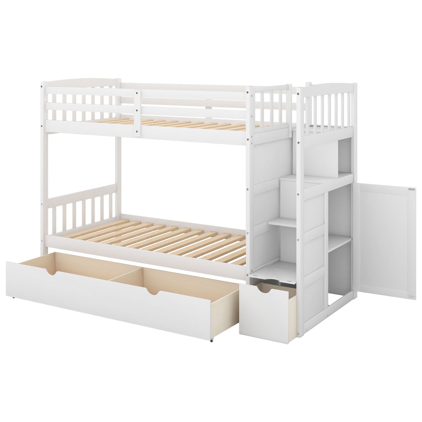 Bunk Bed, Convertible Bottom Bed, Storage Shelves And Drawers