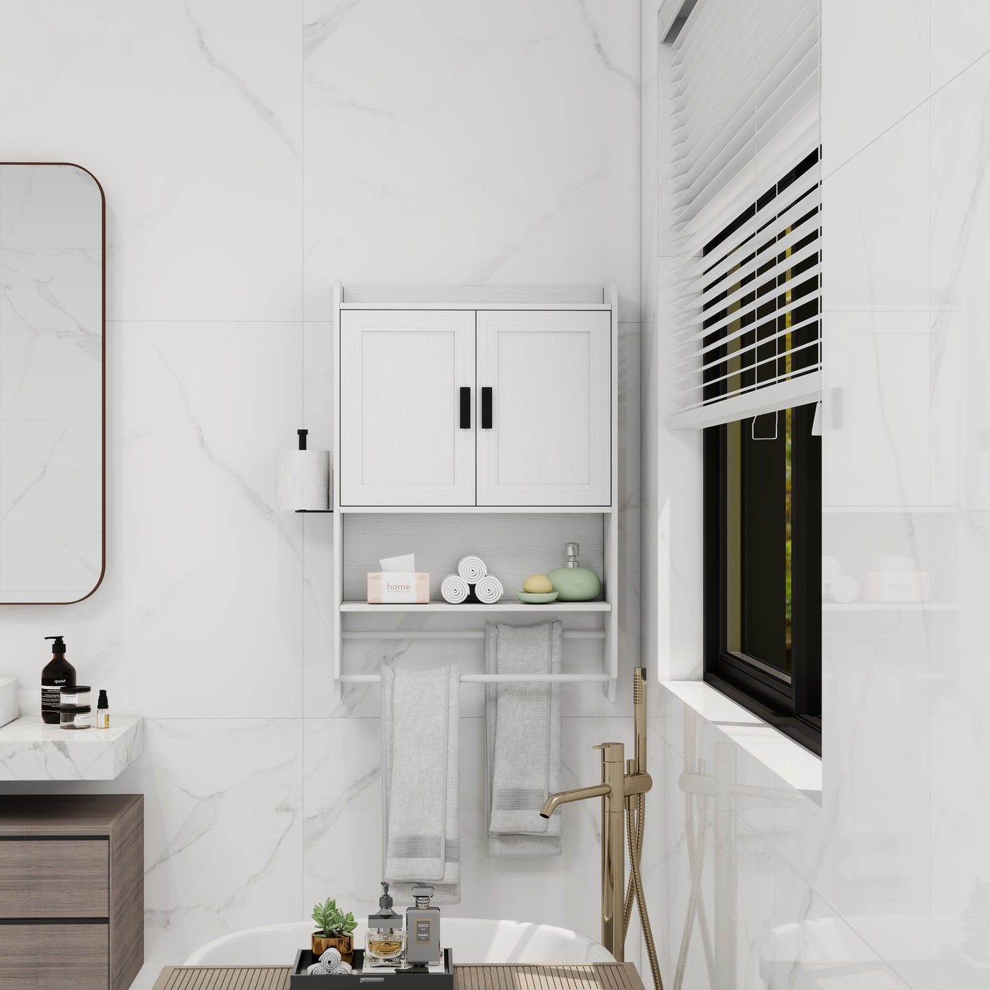 Bathroom Wall Cabinet with Doors, Adjustable Shelf, Towel Bar, and Paper Holder