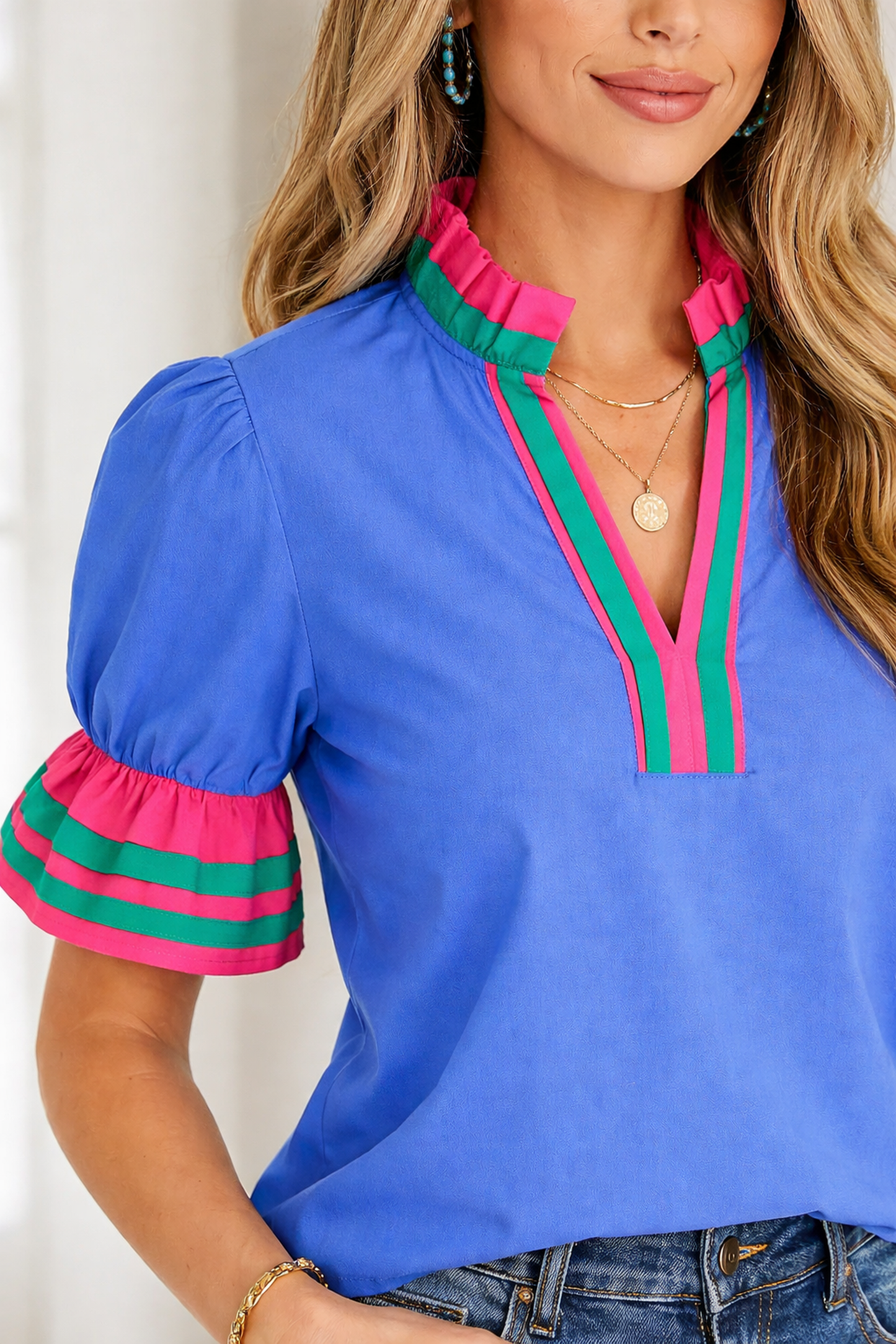 Journee Ruffled Short Sleeve Blouse