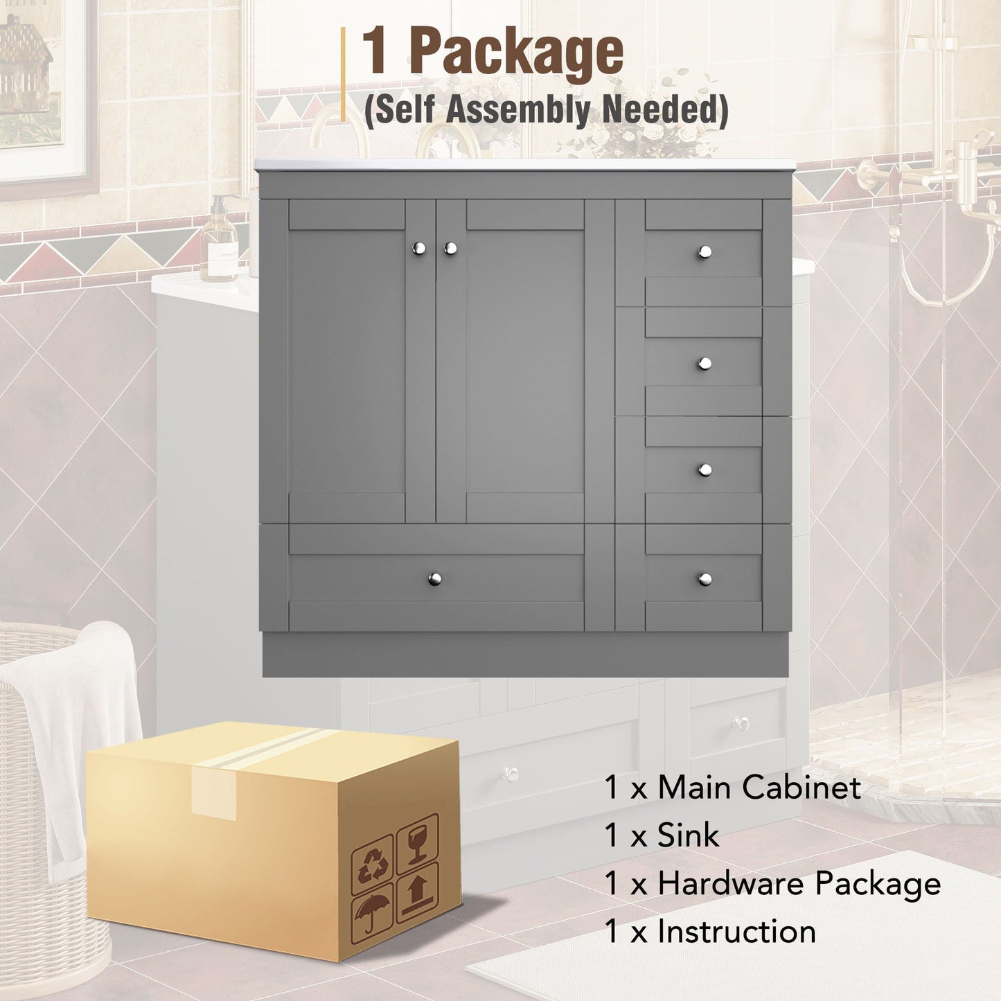 Shaker Free Standing Bathroom Vanity Cabinet & Sink, Soft Close Drawers, Soft Close Doors