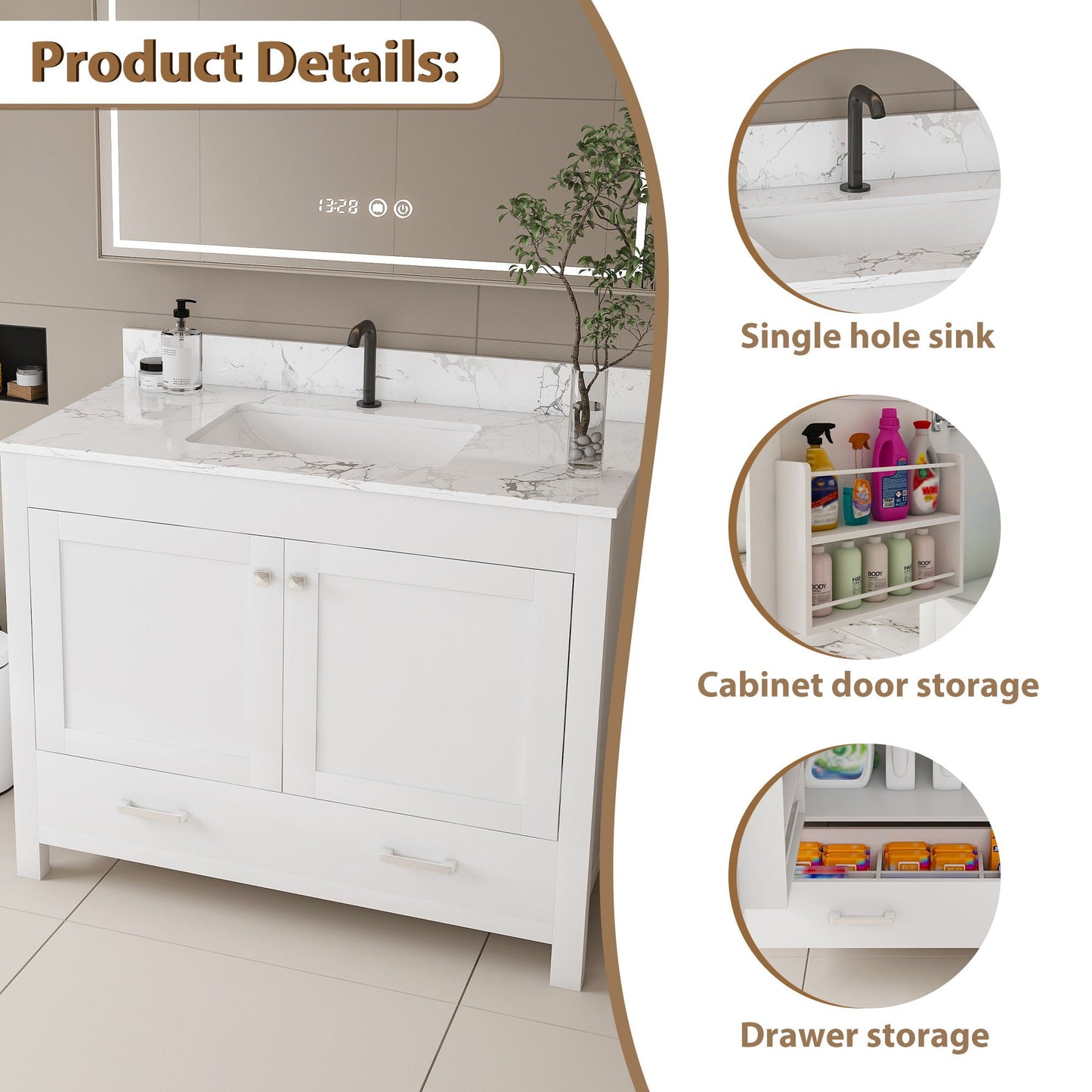 43" Bathroom Vanity With Artificial Marble Carrara Top Set, Multi Functional Cabinet With Doors And Drawer - White