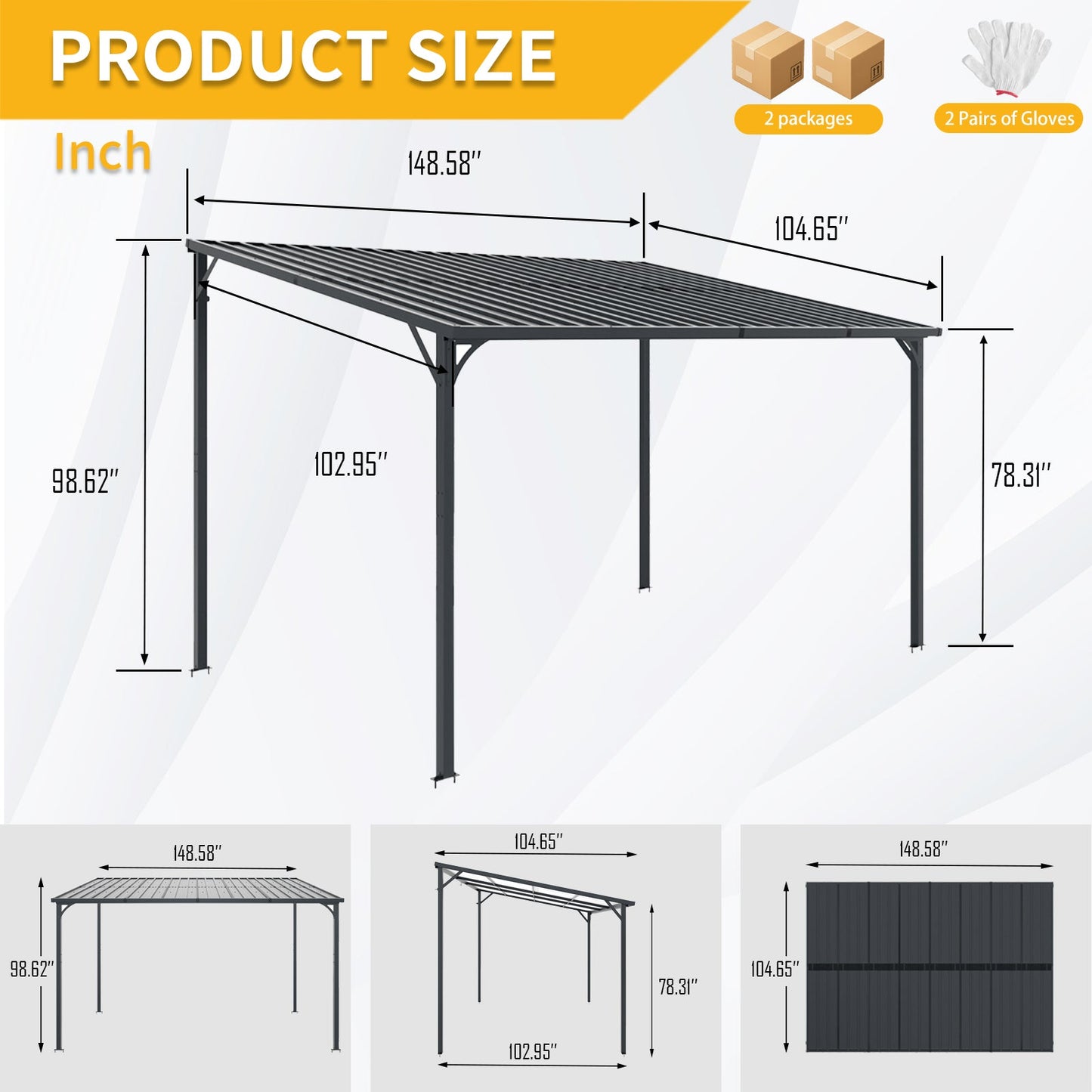 Outdoor Pergola 12' x 8' Galvanized Steel Lean-to Wall-Mounted