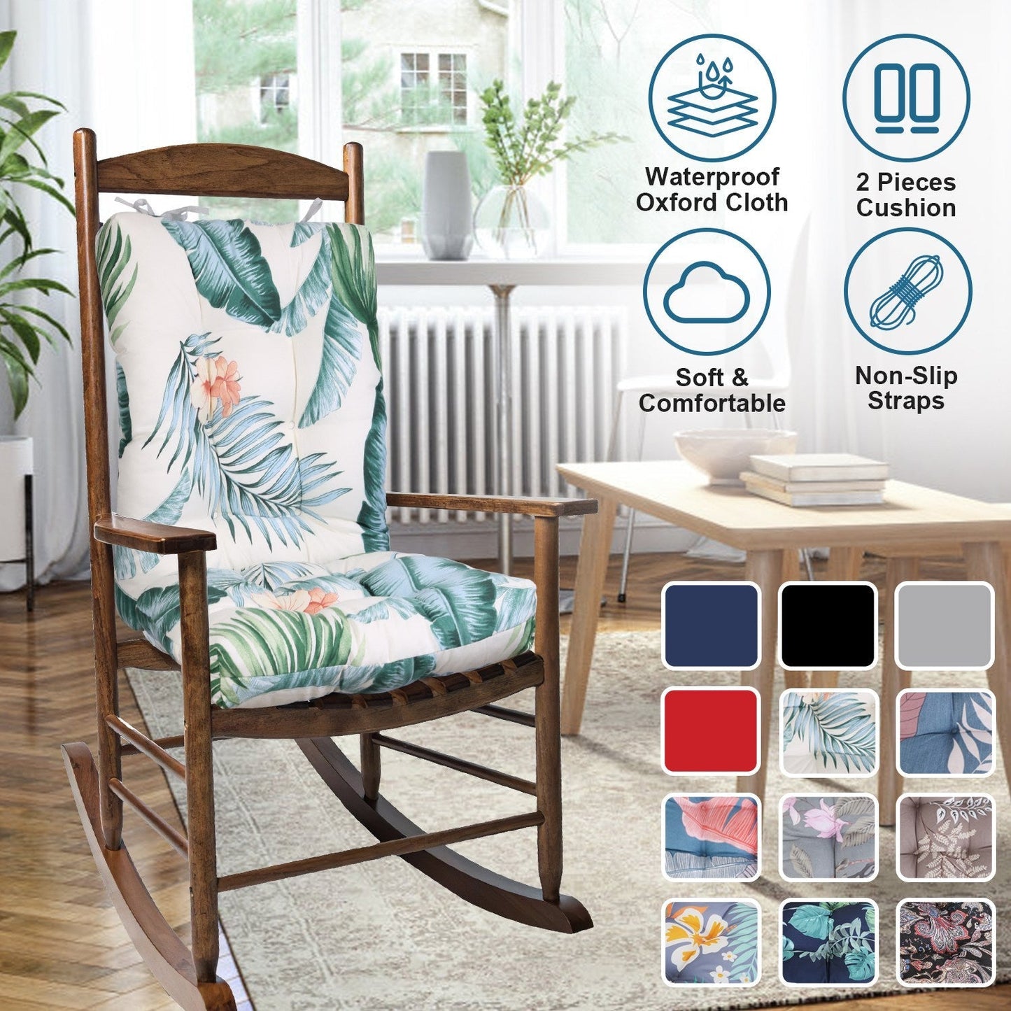 2Pcs Waterproof Rocking Chair Cushion Upper And Lower Back And Seat Sets with Non-Slip Ties Oxford Cloth Surface Polyester Filling Comfortable for Ind