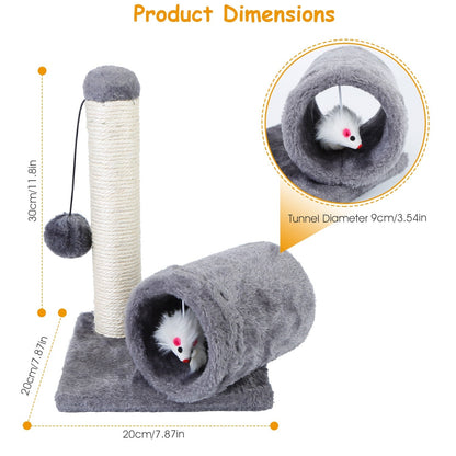 Cat Scratching Post Cat Kitten Sisal Scratch Post Toy w/ Tunnel & Lifelike Mouse Toy Pet Activity Play Fun