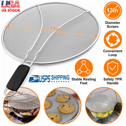 Grease Splatter ScreenÊ13in Stainless Steel Fine Mesh Splash Mesh Shield Hot Oil Stopper w/ Resting Feet For Frying Pan Cooking Woks Skillets Pots Pan