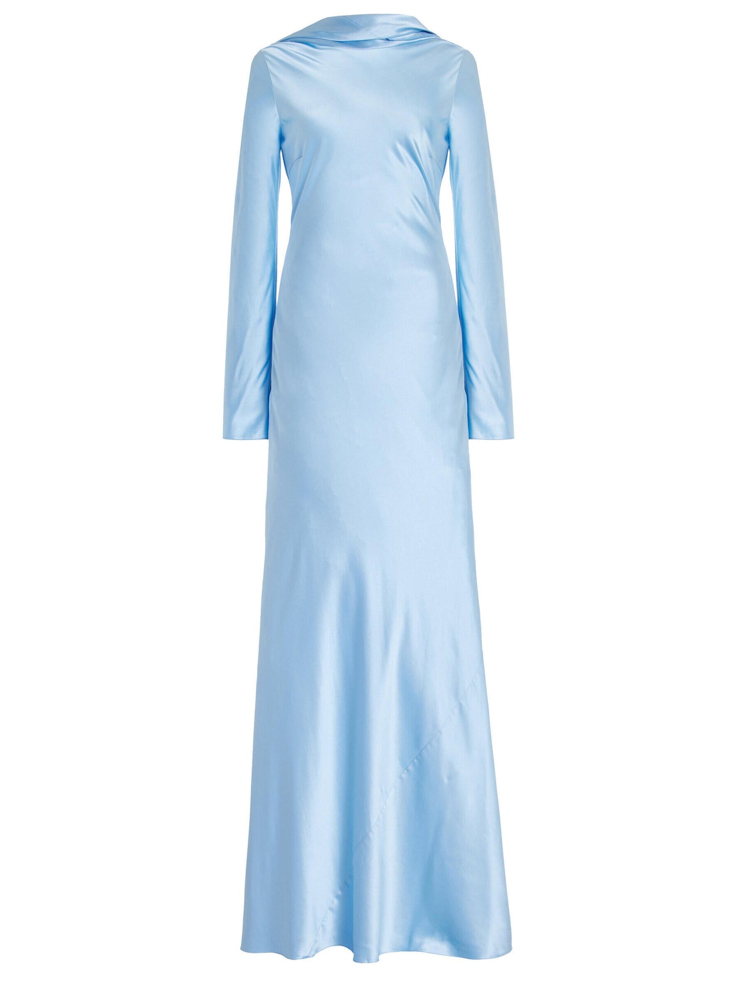 Satin Sky Blue Open-Back Long-Sleeved Maxi Dress for Elegant Evening Wear