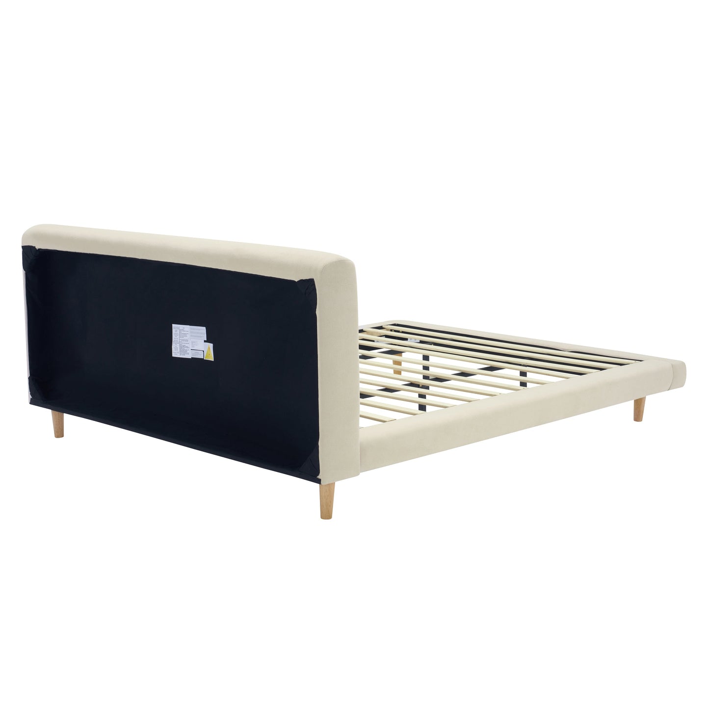 Beige Chunky Headboard Bed Frame with Solid Rubberwood Legs, Cal-King