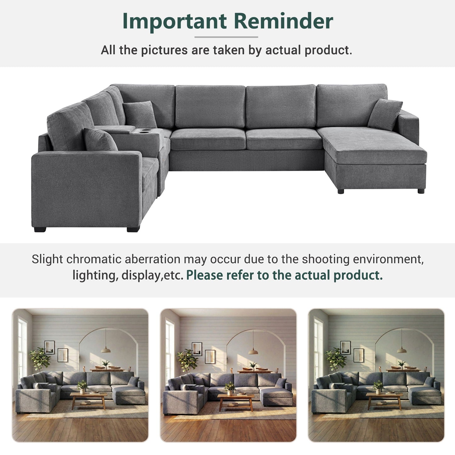 Modular 5 Seat U-Shape Sectional Sofa With Chaise Lounge, Built In Cup Holders And Storage Drawer