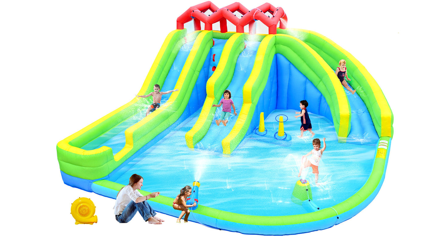 7-in-1 Inflatable Water Park Three Slide with Blower and Climbing Wall for Children