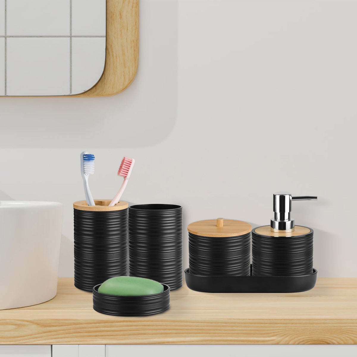 8Pcs Bathroom Accessories Set Bathroom Holder Set with Soap Dispenser Toothbrush Holder Cup Soap Dish Toilet Cleaning Brush Trash Can Qtip Holder Vani