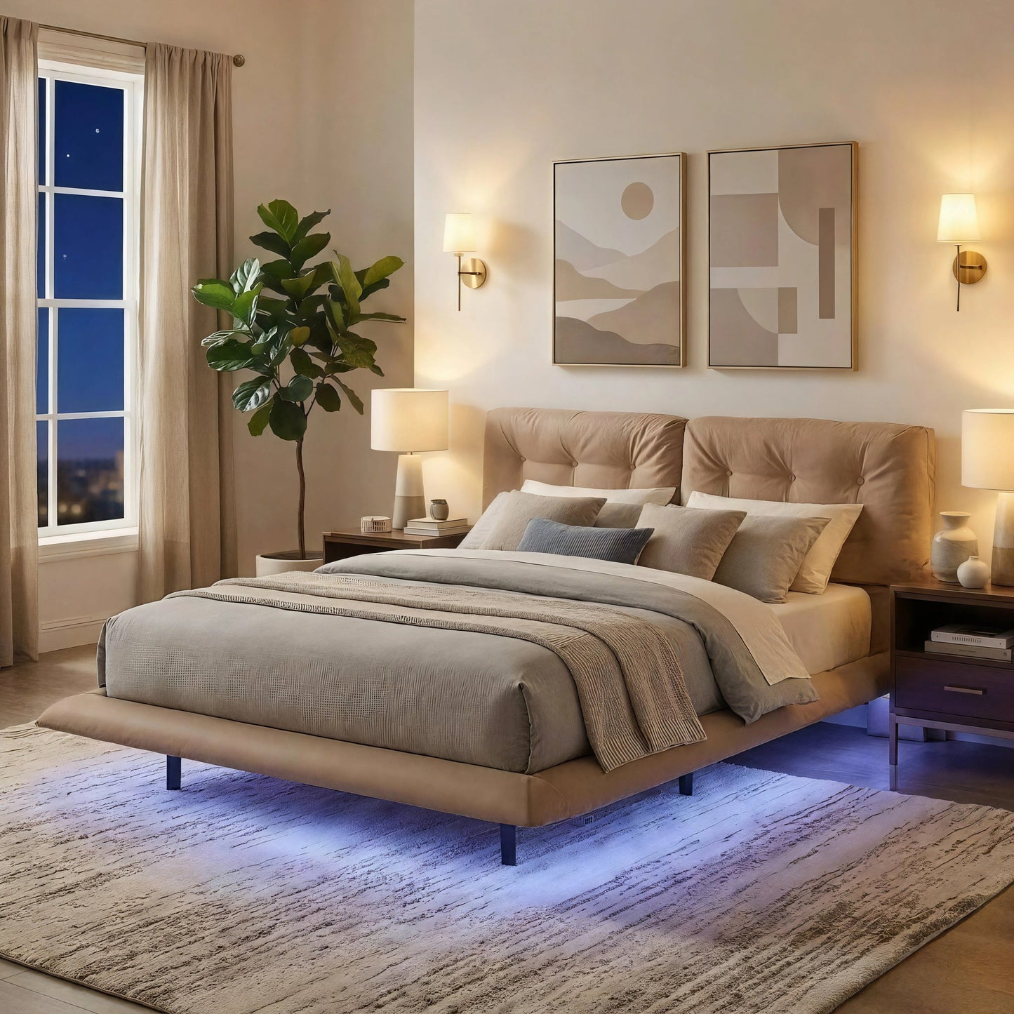 Queen Size Upholstered Floating Bed Frame with LED Lights, Khaki