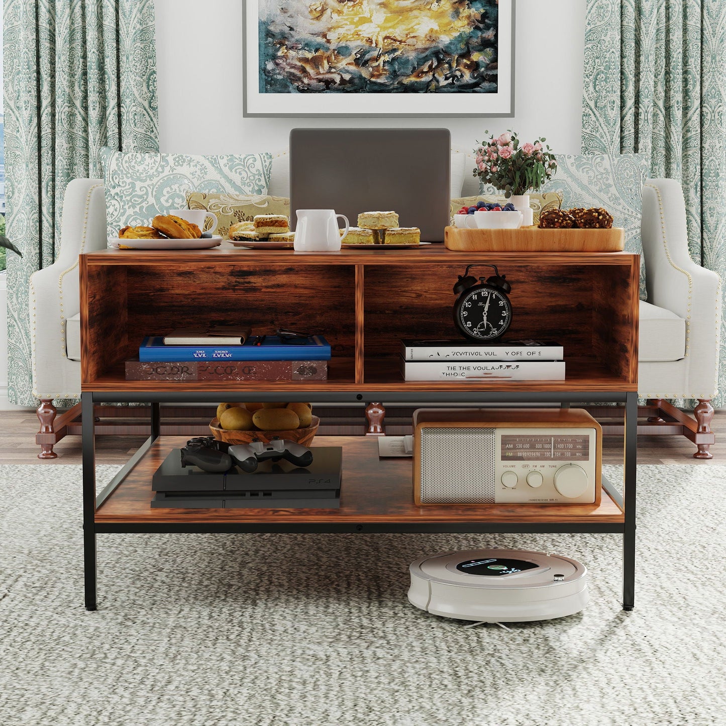 Rustic Flip Top Coffee Table With Hidden Storage - Black / Brown